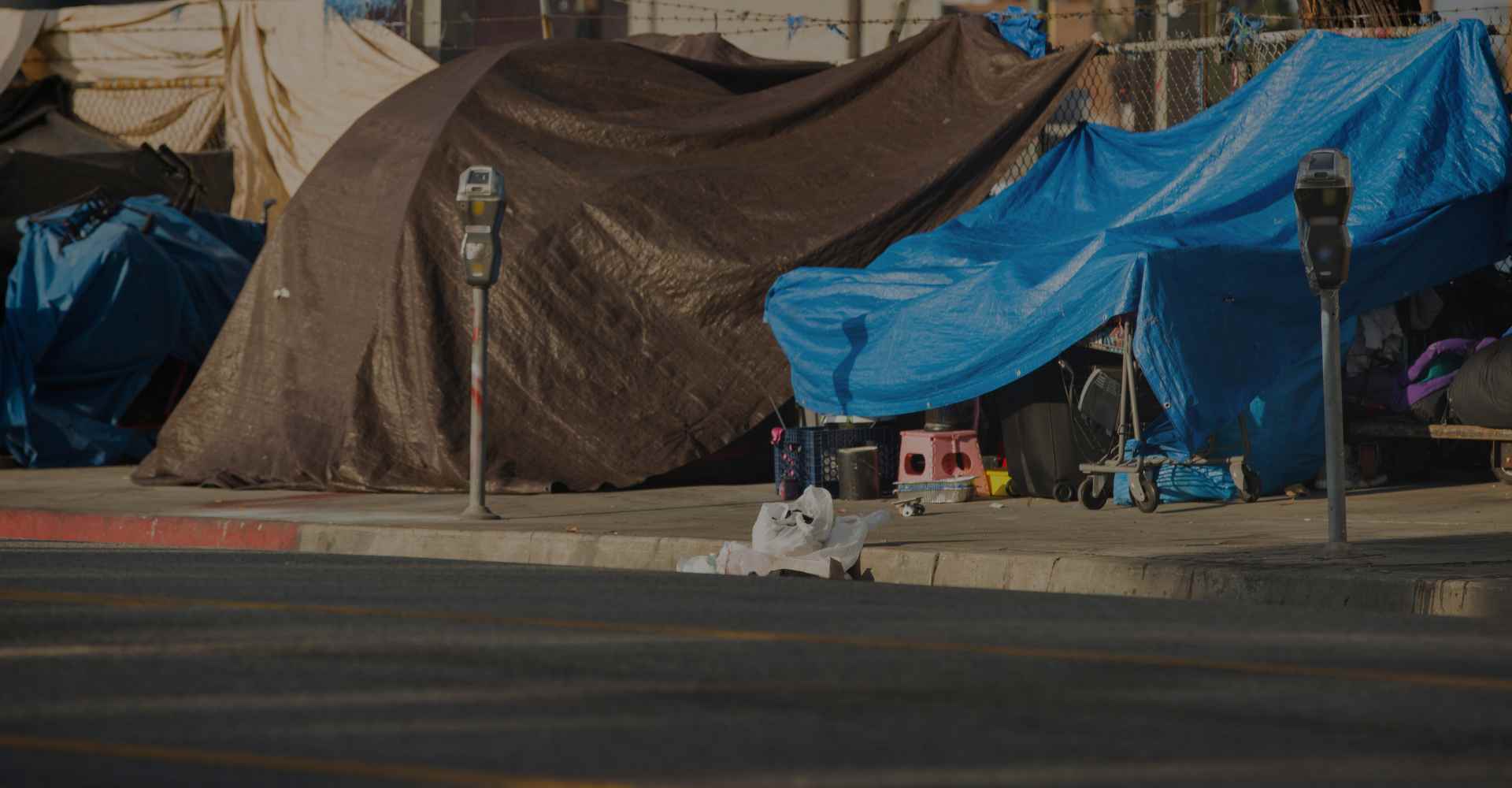 Tarps being used as tents for unhoused people.