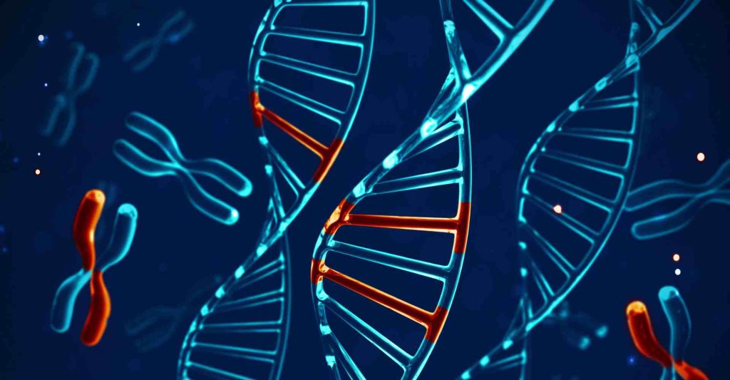 DNA molecules and chromosomes floating on abstract background.