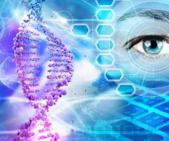 DNA molecule on abstract epigenetics background with human eye. 