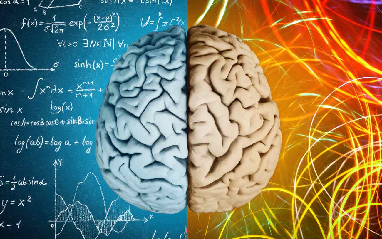 Brain is split in the middle with the left side having scientific and mathematic formulas and equations and the right brain having creative bright artistic lines.