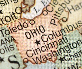 Ohio on map with Columbus (capitol) and major cities (Toledo, Cleveland, Cincinnati) highlighted.